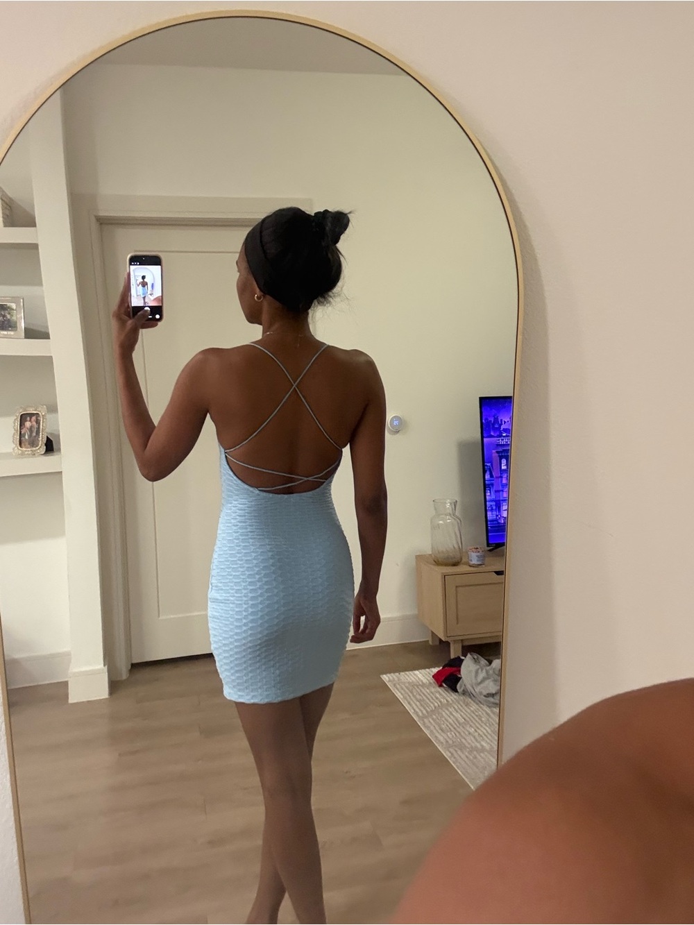 Light Blue Textured Bodycon Mini Dress - Women - Picture 2 of 3